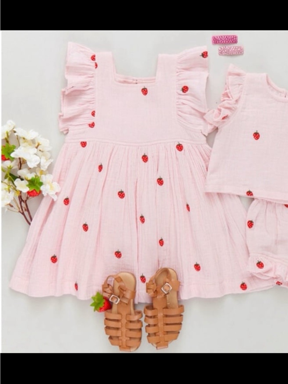 Pink Chicken Light Pink Strawberry-Embroidered Ruffle Dress